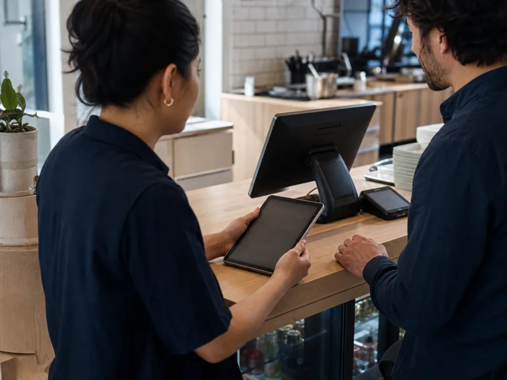 Two people discussing a POS workflow at a hospitality counter