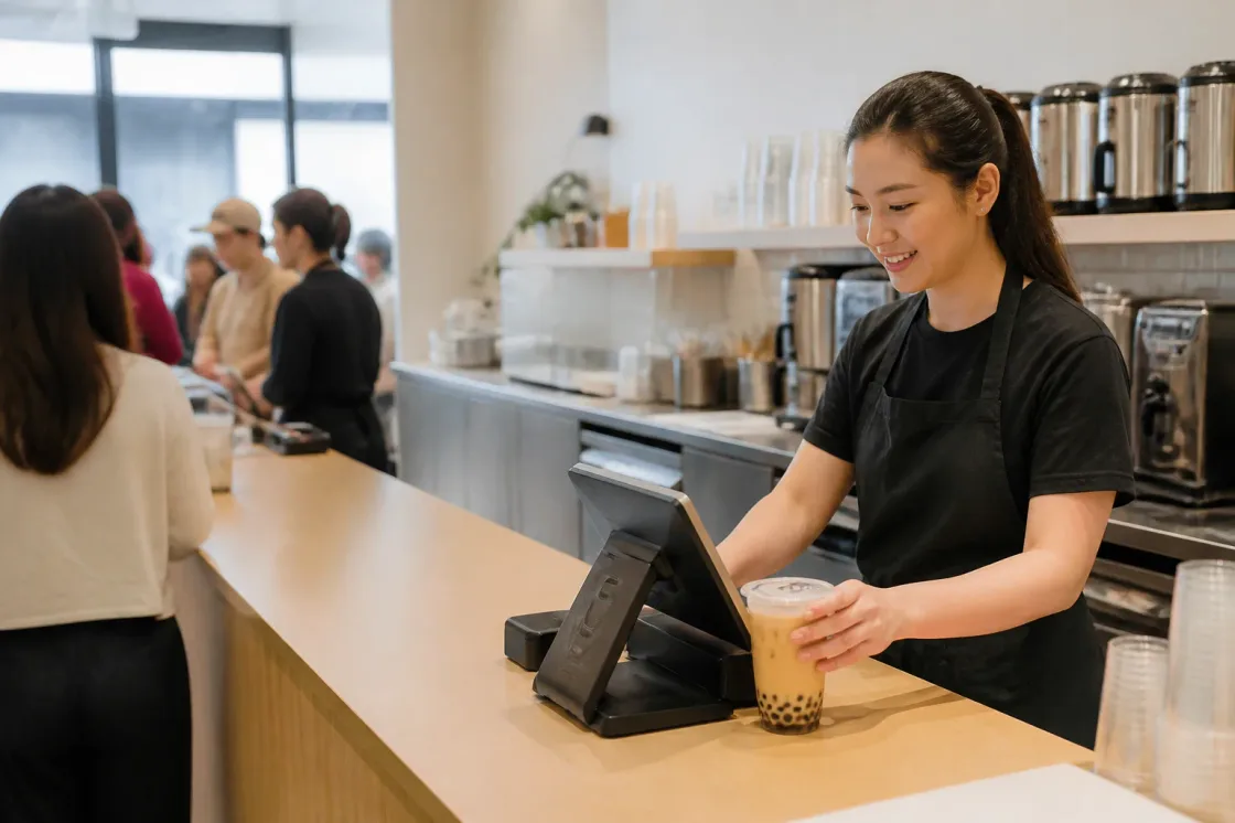 Bubble tea staff member preparing a drink and serving orders at the counter