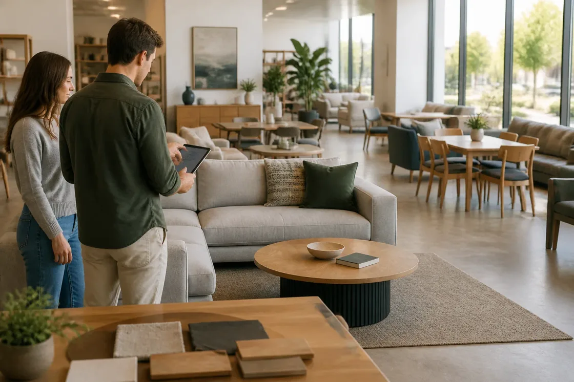 Furniture showroom associate using a tablet with customers