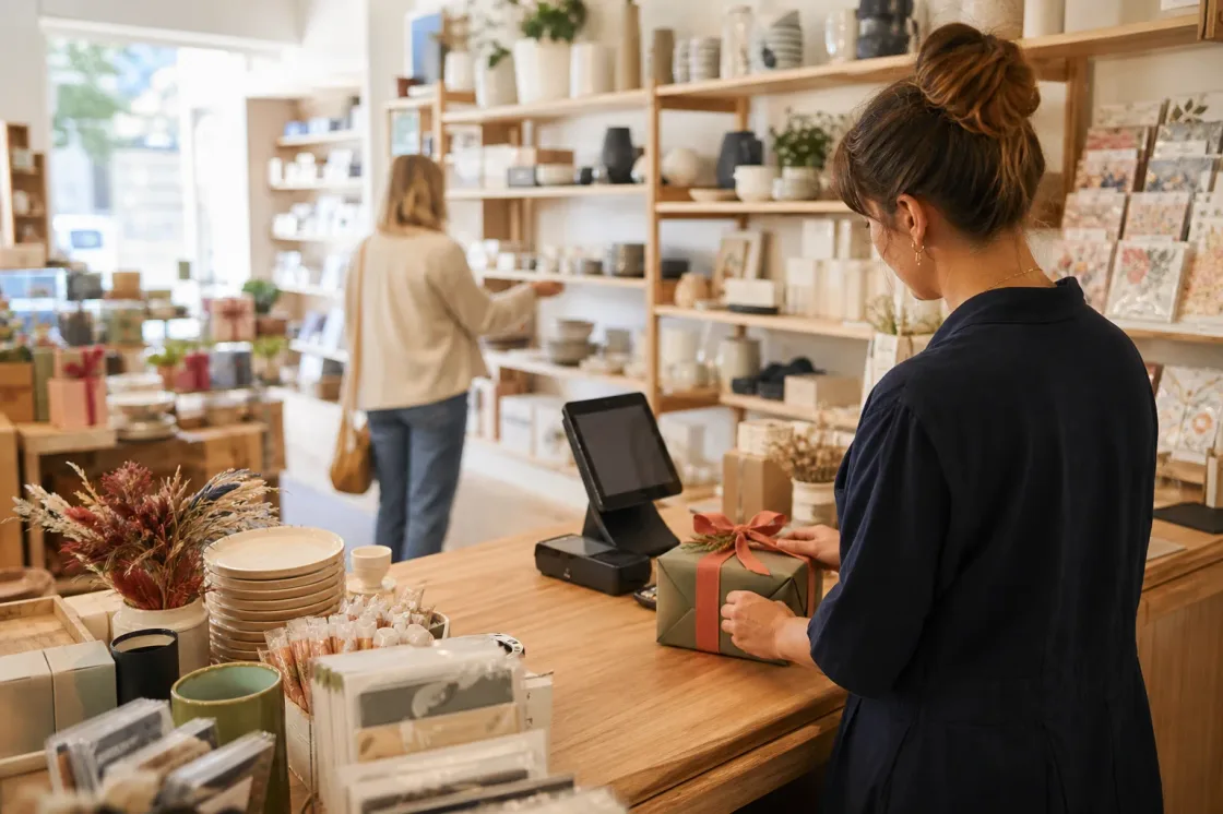 Gift shop staff member wrapping a present beside a POS counter