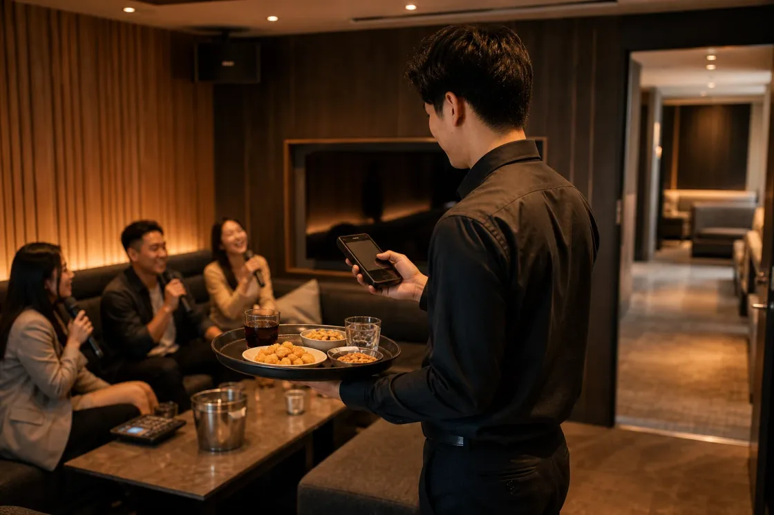 KTV staff member using a handheld terminal while serving a private room