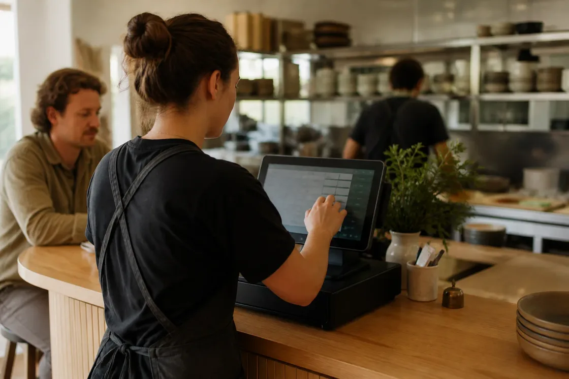 Restaurant staff member entering an order at a POS with the kitchen in the background